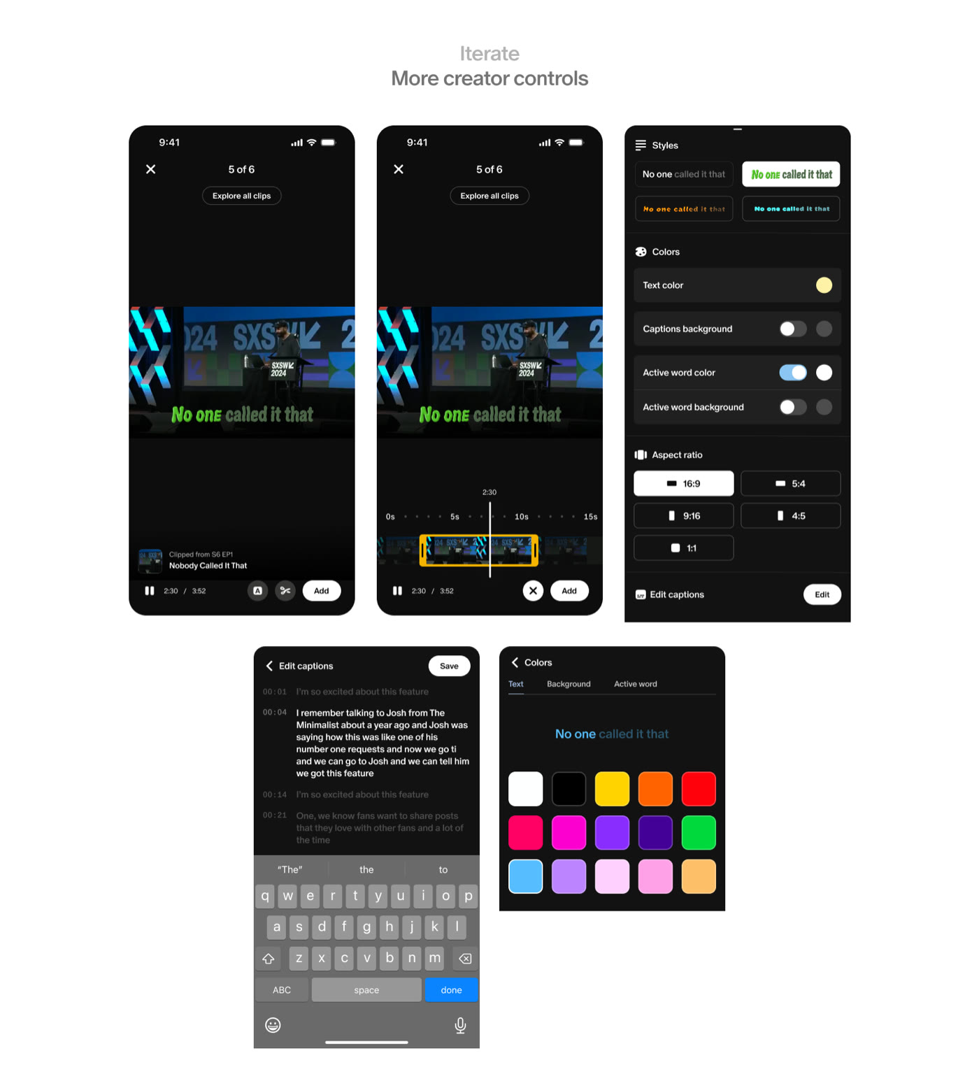 Mockups of additional creator controls: caption styles, text colors, aspect ratios