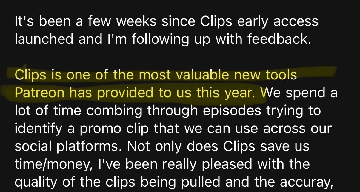 A creator's email: Clips is one of the most valuable new tools Patreon has provided to us this year